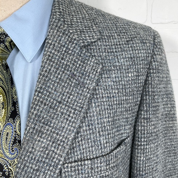 Harris Tweed Blazer Men 40 Blue Gray Check‎ Handwoven Scottish Wool Sport Coat - Picture 1 of 12